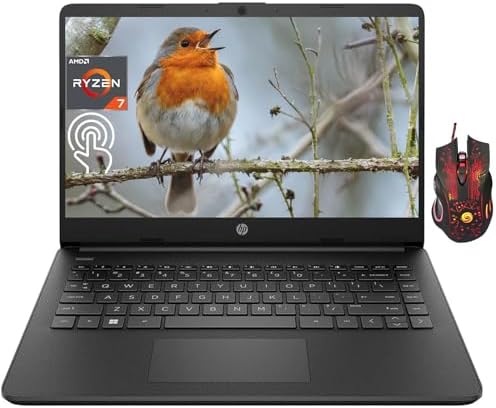 HP Touchscreen Laptop for Business and Student Newest, 14″ Touch Display, AMD Ryzen 7-5700U (Beats i7-1265U), 32GB RAM, 1TB SSD, HD Webcam, Wi-Fi, Bluetooth, Windows 11 Pro, with Gaming Mouse