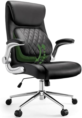 Marsail Ergonomic PU-Leather Office Chair: 5 Settings Lumbar Support, Executive Office Chair Height Adjustable with Padded Flip-up Arms, Executive Desk Chair for Working Study-Black