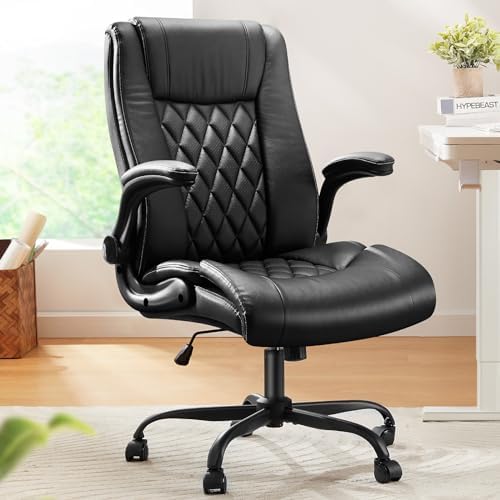 Marsail Executive Office Chair with Flip-up Armrests, PU Leather Ergonomic Desk Chair Height-Adjustable Swivel Rolling Computer Desk Chair, Black