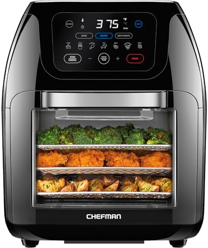 CHEFMAN Multifunctional Digital Air Fryer+ Rotisserie, Dehydrator, Convection Oven, 17 Touch Screen Presets Fry, Roast, Dehydrate, Bake, XL 10L Family Size, Auto Shutoff, Large Easy-View Window, Black