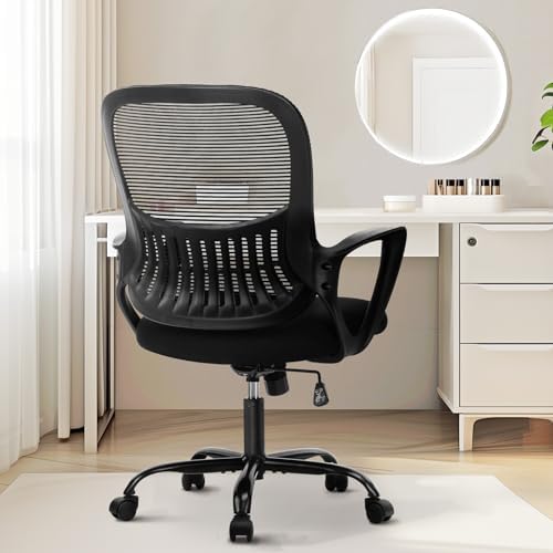 Sweetcrispy Office Computer Desk Managerial Executive Chair, Ergonomic Mid-Back Mesh Rolling Work Swivel Chairs with Wheels, Comfortable Lumbar Support, Comfy Arms for Home, Bedroom, Study, Student, Black